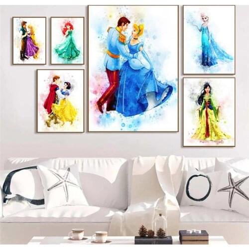 Disney Princess Cartoon Watercolor Princess Print Wall Disney Elsa Belle Princess Poster Canvas Painting for Children Art Room