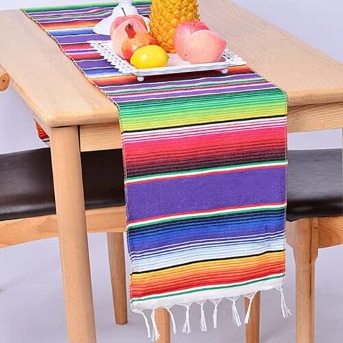 Yingya INS Mexican Table Runner Stripe Shawl Blanket Rainbow Tablecloth Beach Mat with Tassel 35*215cm