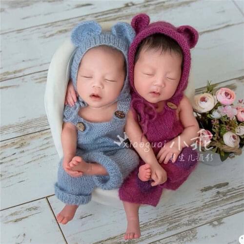 0-1M Newborn Baby Photography Props Girls Boys Suspender Pants+Knitted Hat Cute Rompers Photo Accessories