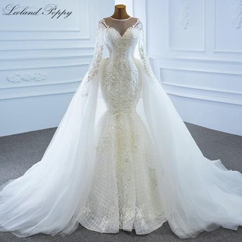 Lceland Poppy Mermaid Lace Wedding Dresses 2021 Scoop Neck Floor Length Bridal Gowns Vestido de Noiva with Detachable Train