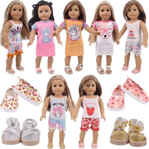 Doll Clothes 2Pcs Unicorn Kitty Pajamas Nightgowns Fit 18 Inch American&43 CM Reborn Baby New Born Doll ,Girls Russia DIY Gifts