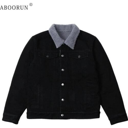ABOORUN Mens Blue Woolen Denim Jacket Thick Warm Fleece Jean Coat High Quality Winter Outerwear for Male