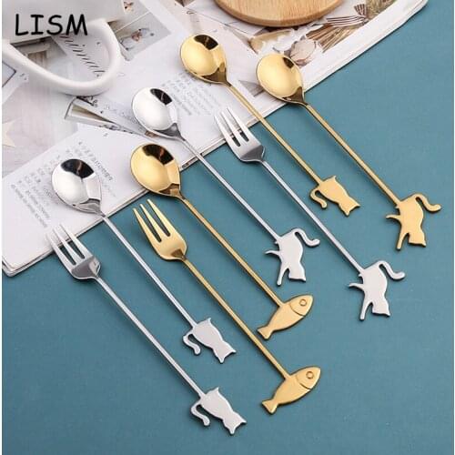 Lovely Kids Fork Spoon Set Stainless Steel Mini Cartoon Fruit Fork Gold Dessert Fork For Cake Snack Salad Forks Kitchen Teaspoon