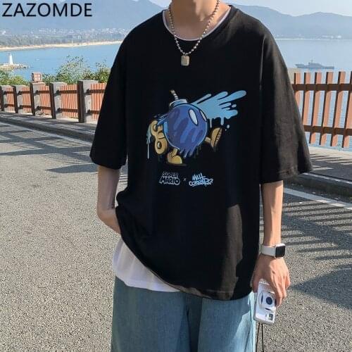 ZAZOMDE 2021 New T-shirt Men Blue Printed O-Neck Black and White Tee Tops Japanese Harajuku Couple High Street Style Streetwear