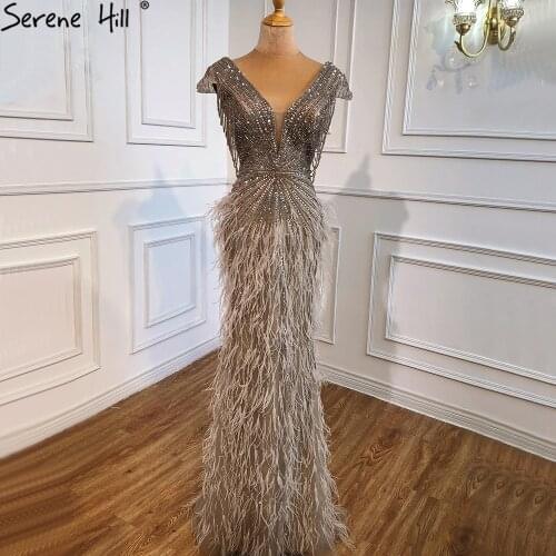 Serene Hill Brown Mermaid Elagant Luxury Evening Dresses Gowns 2020 Feathers Beading For Women Party LA70801