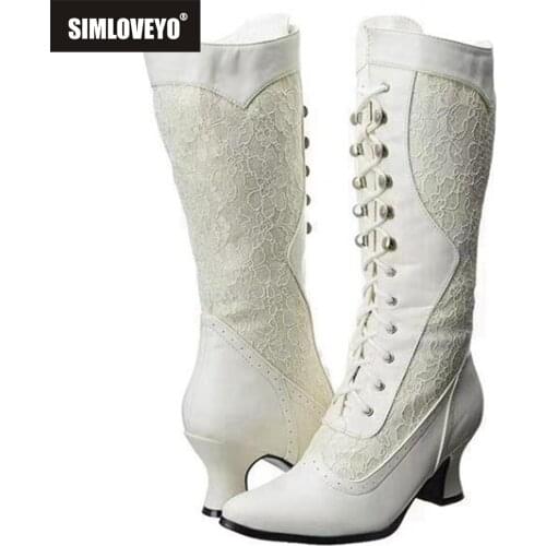 SIMLOVEYO 2021 Designer Long Boots for Women Wide Leg Lace Pointed Toe Low Small Heel Zip Cross Strap Black White Big Size S2440