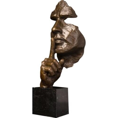 DS-704 Bronze Statue Man Face Keep Silence Sculpture Vintage Art Human Head Bust Figurine for Home Decoration Desktop Display