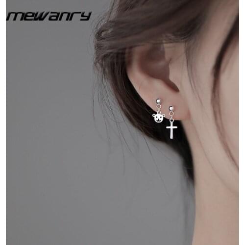 MEWANRY Prevent Allergy 925 Sterling Silver Vintage Earrings Fashion Punk Simple Asymmetric Bear Cross Party Jewelry Lover Gifts