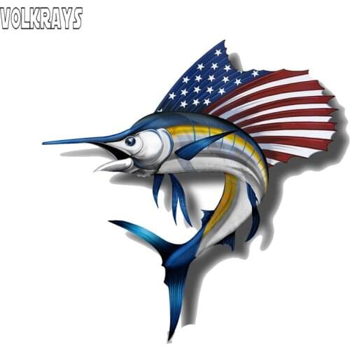 Volkrays Creative Car Sticker USA America Marlin Fish Accessories Reflective Waterproof Cover Scratches Vinyl Decal,14cm*14cm