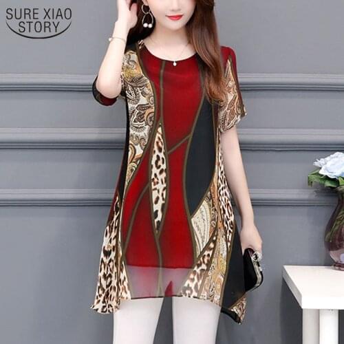 2021 Summer Fashion Women Chiffon Blouses Short Sleeve Casual Printed Women Clothing O-neck Loose Women Tops 5131 50