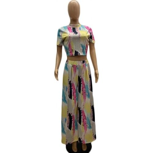 S-2XL Large Size Womens Pantsuit Tie-dye Print Casual T-Shirt + Loose Pants 2 Piece Sexy Wide Leg Pants For Summer 2021