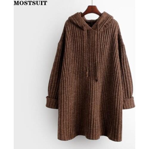 Hooded Casual Knitted Long Sweater Women Full Sleeve Solid Loose Pullover Basic Fashion Ladies Jumpers Tops 2021 Autumn Winter