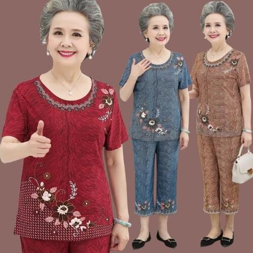 Large Size Women 2 Piece Set Loose Print Short-sleeved T-shirt Tops + Pants Suits Middle-aged Mother Summer Plus Size 5XL