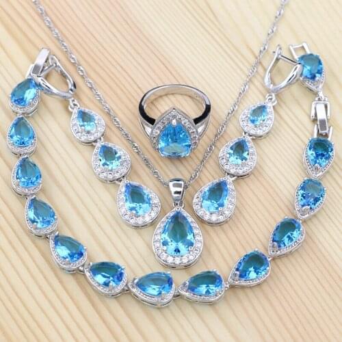 925 Silver Jewelry Sets For Women Sky Blue White Cubic Zirconia Water Drop Earrings/Pendant/Necklace/Bracelet/Ring