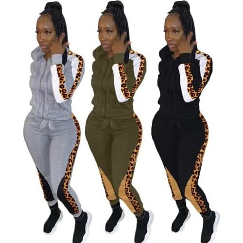 Echoine Autumn Women Casual Leopard Print Patchwork sets Zipper Hooded Jacket & Drawstring Pencil Trousers Fashion Two Piece Set