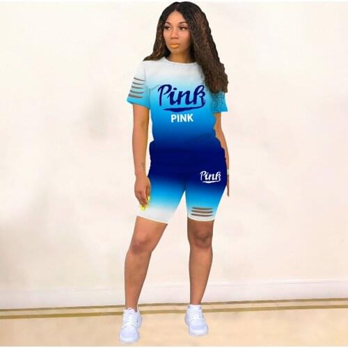 2021 High Quality New Design 2 pcs Tracksuits Women Set Letters Print O-neck Tops and Shorts Summer Sport Casual Outfits