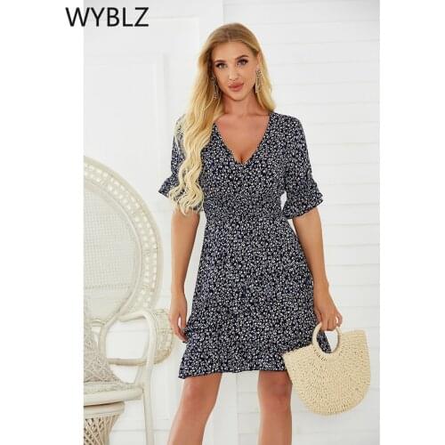 WYBLZ Women Dresses Summer 2021 Sexy V Neck Floral Print Boho Beach Dress Ruffle Short Sleeve A Line Mini Dress Sundress Robe
