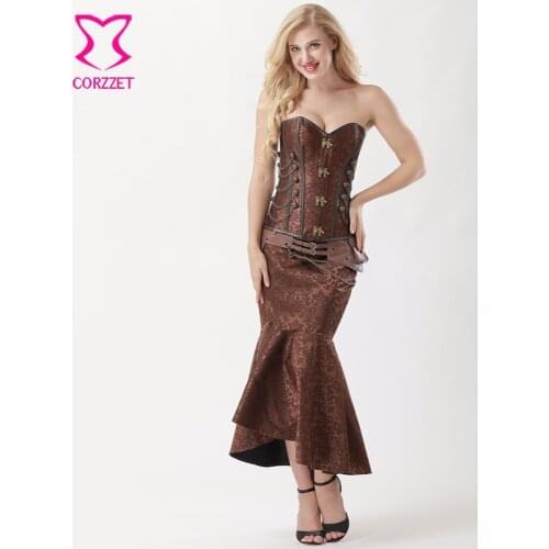 Women Steampunk Corset Dress Vintage Brown Brocade Corsets and Bustiers With Mermaid Skirt Set Burlesque Dresses Gothic Clothing