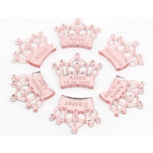 60 Pcs Personalized Rose Gold Princess Crown Custom Baby Name & Date Baby Shower Baptism Label Birthday Party Table Center Decor