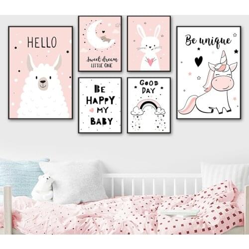 Alpaca Rabbit Bear Moon Rainbow Quotes Nordic Posters And Prints Wall Art Canvas Painting Cartoon Wall Pictures Kids Room Decor