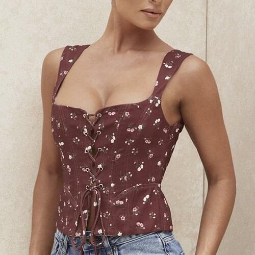 Floral Corset Top 2 Layers Hollow out Tie up Backless Tank Top Print Cami Casual Streetwear Sexy Tops for Women Clubwear