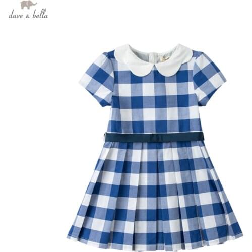DK17684 dave bella summer girls 5Y-13Y fashion cartoon plaid draped dress children sweet dress kids infant lolita clothes