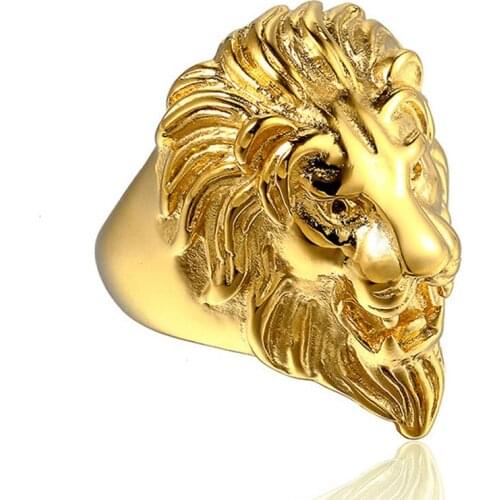 Mens Signet Ring Gold Color 316L Stainless Steel Animal Lion Rings for Men Hip Hop Rock Jewelry US Size 8-12