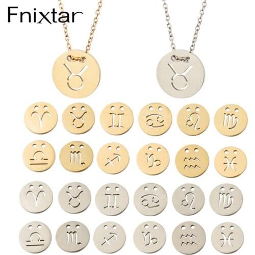 Fnixtar 12Pcs 45/50cm Round Disc Constellation Pendant Necklace Mirror Polish Stainless Steel Chain Necklace For Womens Girls