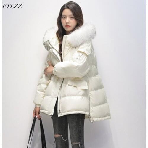 FTLZZ Winter Large Natural Fur Hooded New Down Jacket Women 90% White Duck Down Outerwear Irregular Thickening Warm Loose Coat