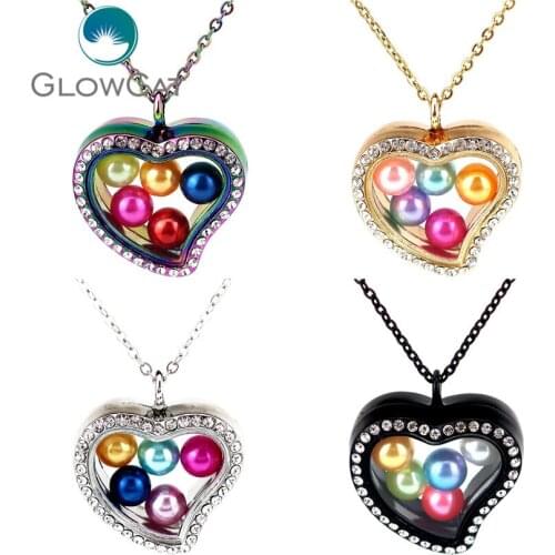 Heart Magnetic Living Memory 8mm Beads Locket Pearl Cage Floating Pendant With Rhinestone Necklace