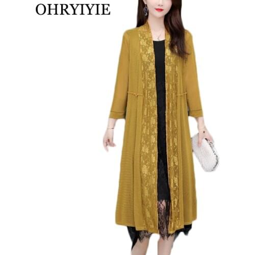 OHRYIYIE Plus Size 5XL Fashion Lace Embroidery Cardigan Sweater Women 2021 Summer Long Knitted Sweaters Female Yellow Tops Coat