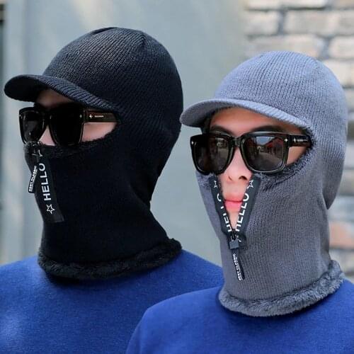 Men Winter Knitted Hat With Zipper New Add Fur Lined Warm Brim Winter Hats For Men Keep Face Ear Warm Balaclava Cap