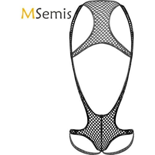 Mens See Through Fishnet Singlet Bodysuit Patent Leather Edges Hollow Out Sleepwear Lingerie Club Dance Performance Costume