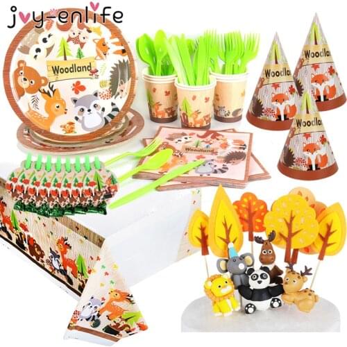 Jungle Theme Party Decor Supply Disposable Tableware Set Forest Animal Fox Hedgehog Balloon Baby Shower Kid Birthday Cake Topper