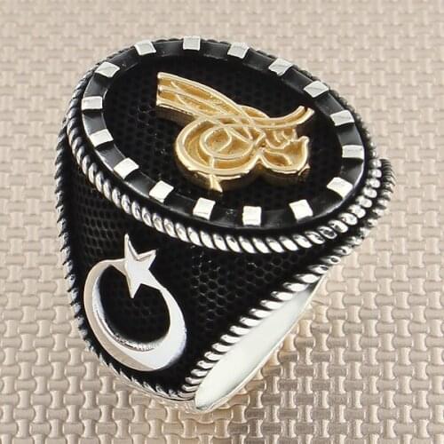 Ottoman Tughra Motif Sterling Silver Ring Crescent Star Silver Ring Turkish For Men Made in Turkey