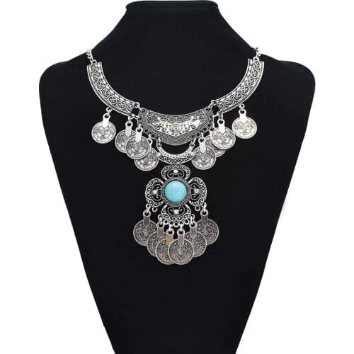 Gypsy Blue Black Stone Coin Tassel Necklaces for Women Vintage Silver Color Metal Necklace Boho Female Tribal Party Jewelry Gift