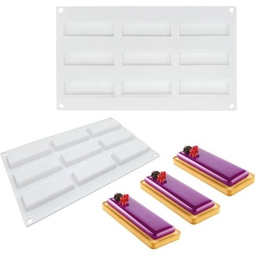 Silicone Mousse Cake Molds 3D Bakeware DIY Mould, Stainless Steel Rectangular Crispy Tool, 9 Holes Rectangular