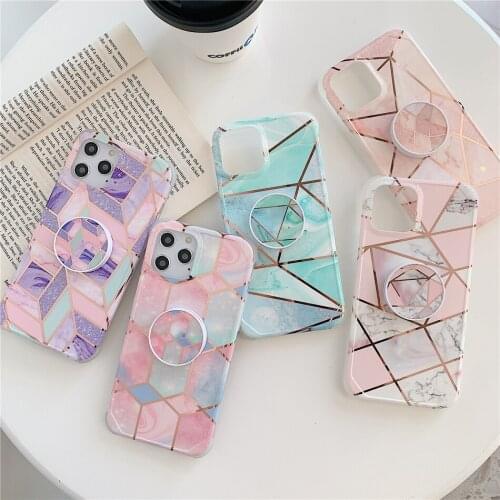 Cute Glossy Geometric Marble Kickstand Stand Ring Holder Phone Case for iPhone 11 12 Mini Pro XS Max XR X 7 8 Plus SE 2020 Cover