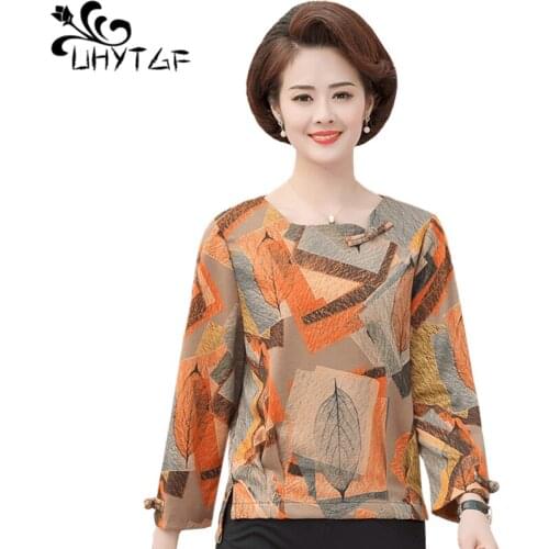 UHYTGF t shirts women fashion long-sleeved printed spring summer tshirt women O neck pullover thin 5XL plus size tops shirt 1045