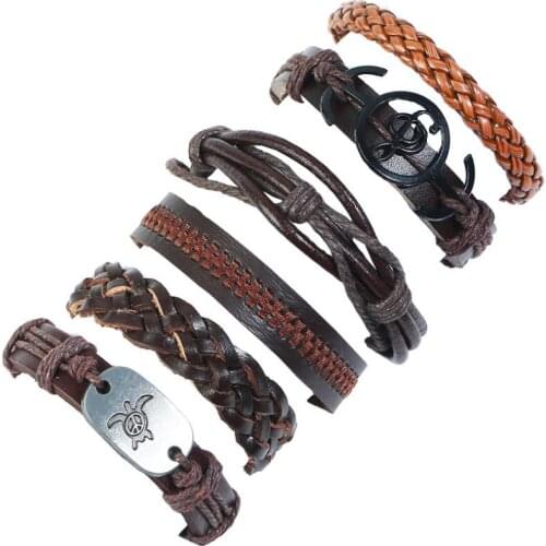 Vintage Fashion Men Women Genuine Leather Bracelet Music Peace Tortoise Charm Weave Handmade Wristbands Bangle Retro Accessories