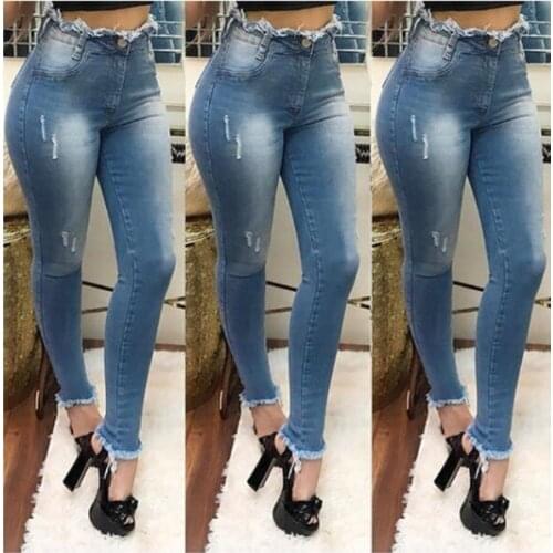Women Ripped Jeans Ladies High Waist Slim Fit Stretchy Denim Frayed Pencil Pants New