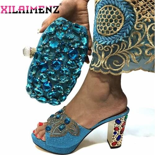 Sky Blue New Women African Shoes with Matching Bag Set 2019 for Party Wedding High Heels Slippers and Bag Set with Big Crystal