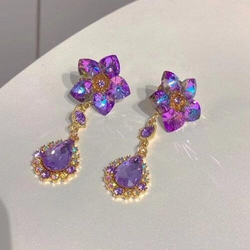Korean Purple Rhinestone Love Heart Flower Dangle Earrings Long Water Drop Crystal Jewelry Pendientes For Women Fashion Brincos