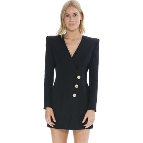 HIGH STREET 2020 Designer Runway Dress Womens v-neck Slim Fitting Metal Lion Buttons Mini Dress