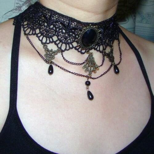 Gothic Punk Style Gem Decoration Women White Lace Beaded Choker Collar Necklace Chocker autumn fashion Jewelry accessories