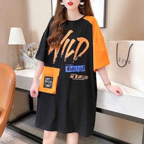 Trendy Womens T-shirt Dress Pocket Stitching Color Letter Printing Loose Fashion Round Neck Short Sleeve 2021 Summer New Style