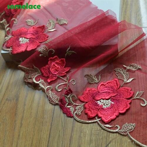 2Yds/lot 19cm Wide Red Mesh 3D Red Floral Pattern Embroidery High Quality Lace Trim For Garments Wedding 202004114