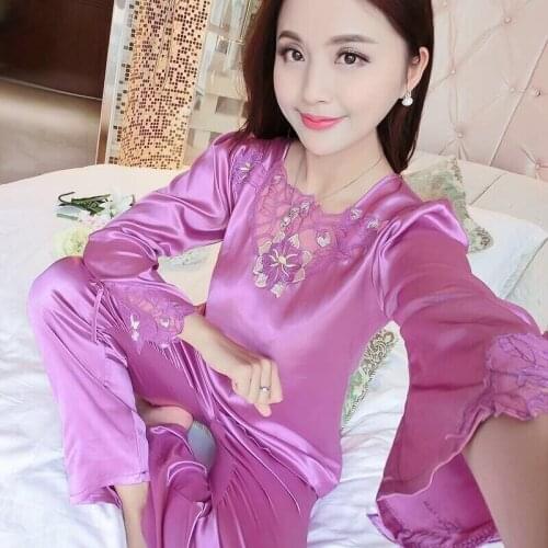 2020 Spring Autumn Silk Satin Long Sleeve Sexy V-neck Pajama Sets for Women Sleepwear Suit Pyjamas Homewear Pijama Mujer Clothes