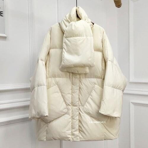2021 New With Scarf Duck Down Coat Winter Jacket Women Loose Warm Parkas Female Medium Long Down Jacket