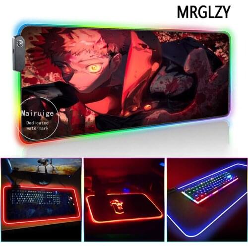 MRGLZY Anime Jujutsu Kaisen LED Light RGB Gamer XXL Large Mouse Pad Itadori Yuji DeskMat Gaming Accessories for Laptop Keyboard